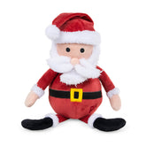 A plush Santa Claus dog toy with a red outfit, white beard, and black boots. The toy has a squeaker and a ball inside.