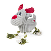 A plush reindeer dog toy with rope legs in gray, red, and white colors, featuring embroidered details and a squeaker.