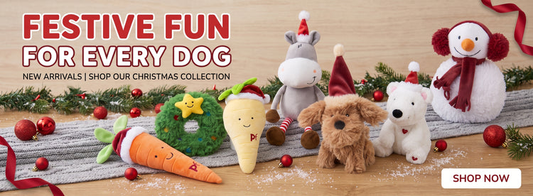 A holiday-themed promotional banner for a Christmas dog collection, featuring plush toys including a carrot, green wreath, donkey, brown dog, white bear, and snowman, arranged on a wooden surface with pine garlands and red ornaments. Large text reads 'FESTIVE FUN FOR EVERY DOG' with 'SHOP OUR CHRISTMAS COLLECTION' and a 'SHOP NOW' button.