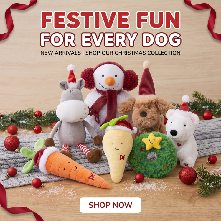A group of Christmas-themed plush dog toys arranged on a wooden surface with holiday decorations, including a carrot, snowman, donkey, bear, and a green wreath. Large text at the top reads 'FESTIVE FUN FOR EVERY DOG' and a 'SHOP NOW' button appears at the bottom.
