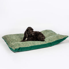 Danish Design Sherpa Fleece Green Herringbone Deep Duvet Dog Bed with dog laying down