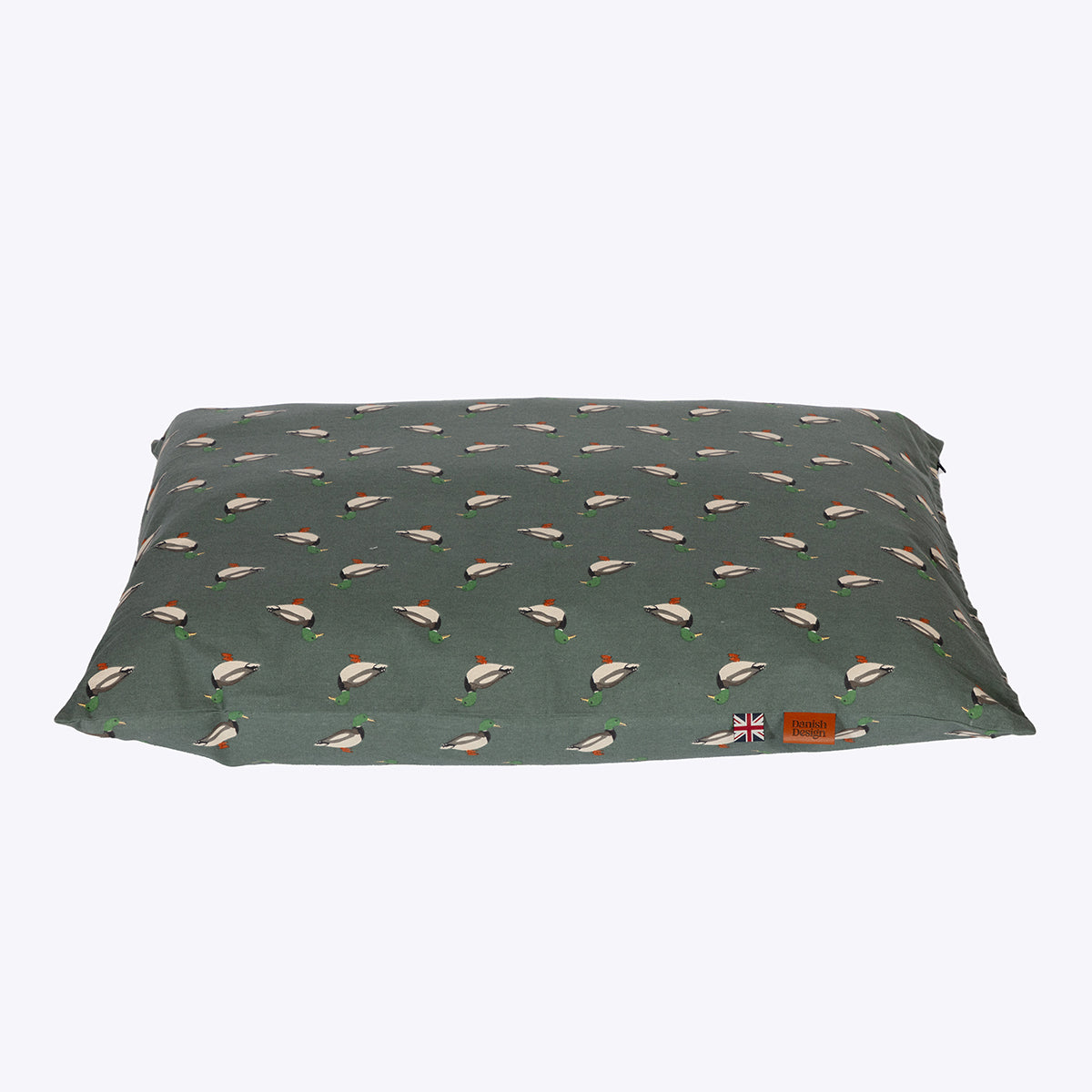 Danish Design Puddlewick Deep Duvet Dog Bed featuring a duck print design on a smoky green background front view