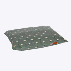 Danish Design Puddlewick Deep Duvet Dog Bed featuring a duck print design on a smoky green background