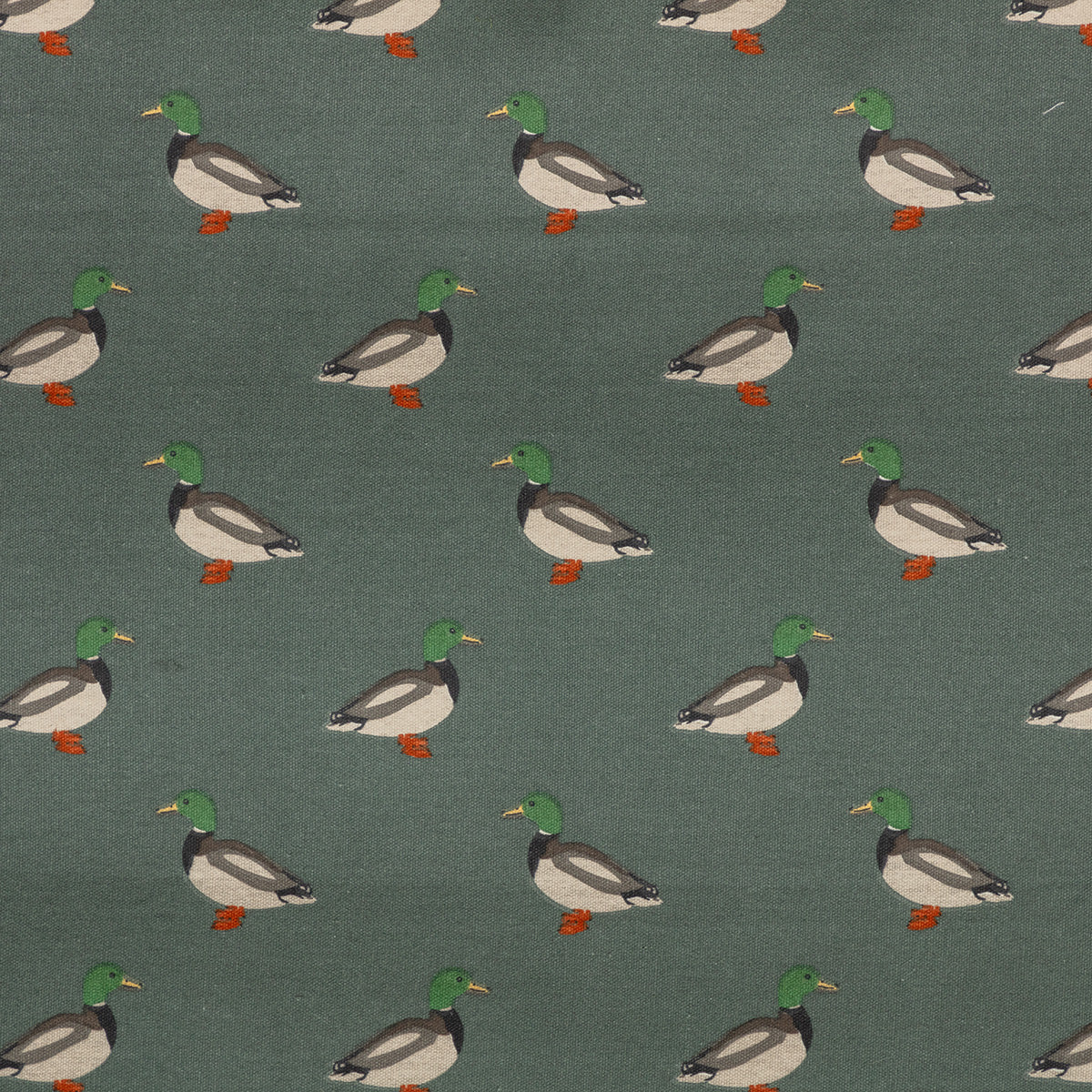 Danish Design Puddlewick Deep Duvet Dog Bed showing a close up of the a duck print design on a smoky green background