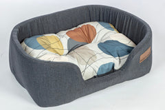 Danish Design Colour Block Lux Slumber Dog Bed in Steel grey with vibrant colourful pebble print. Side view