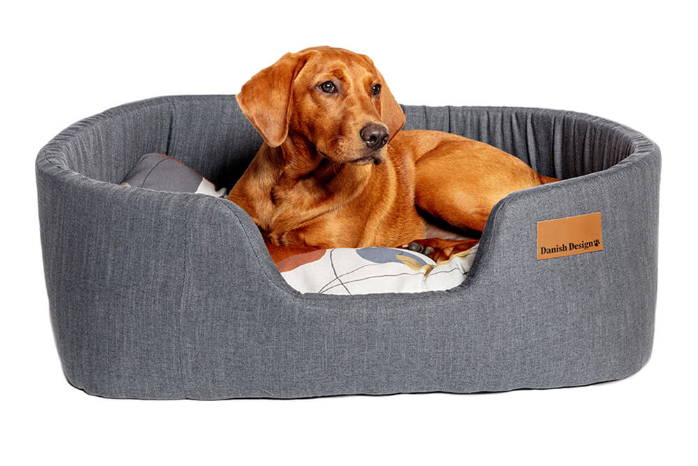 Danish Design Colour Block Lux Slumber Dog Bed in Steel grey with vibrant colourful pebble print. With dog