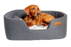 Danish Design Colour Block Lux Slumber Dog Bed in Steel grey with vibrant colourful pebble print. With dog