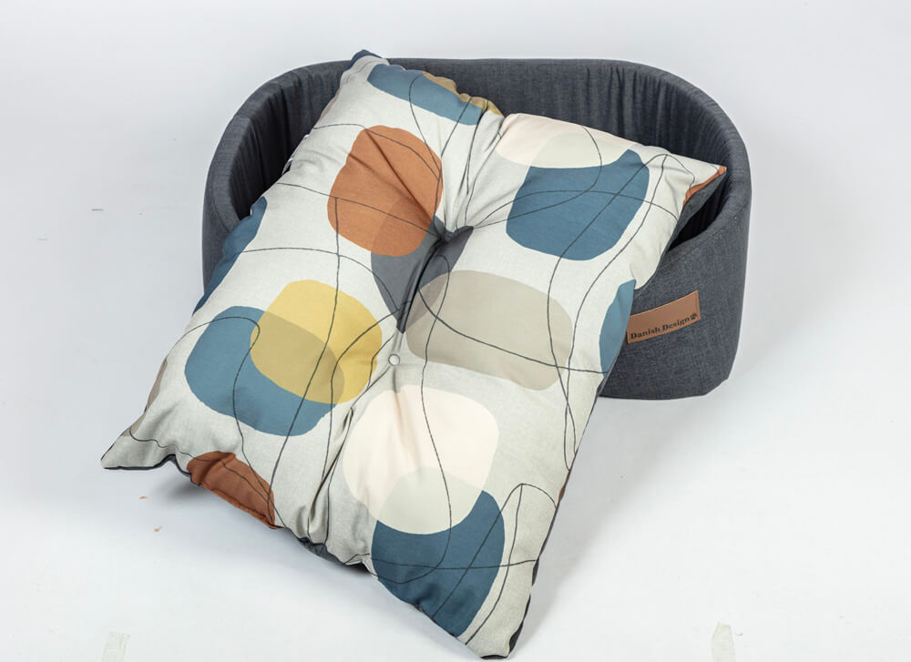 Danish Design Colour Block Lux Slumber Dog Bed in Steel grey with vibrant colourful pebble print.