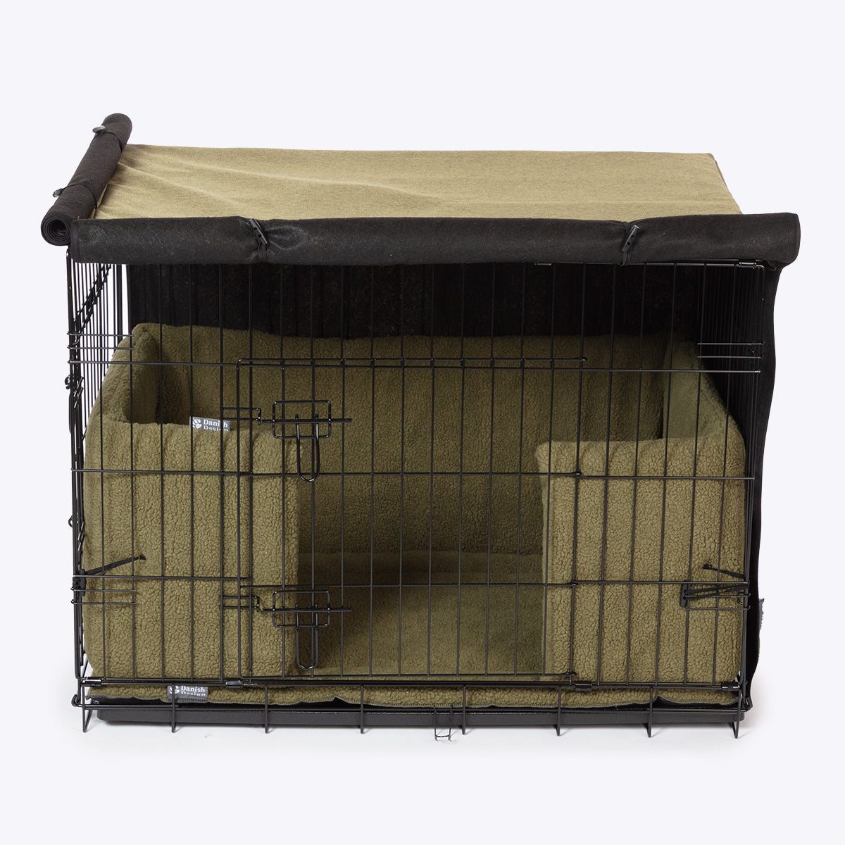 Danish Design Dog Crate Cover Olive with cover rolled up #colour_olive
