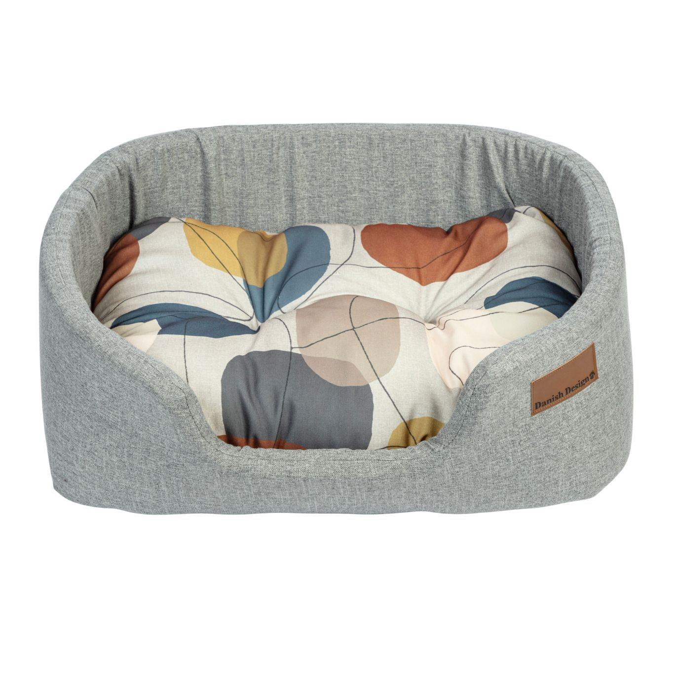 Danish Design Colour Block Lux Slumber Dog Bed in Silver grey with vibrant colourful pebble print.