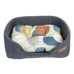 Danish Design Colour Block Lux Slumber Dog Bed in Steel grey with vibrant colourful pebble print. Front View