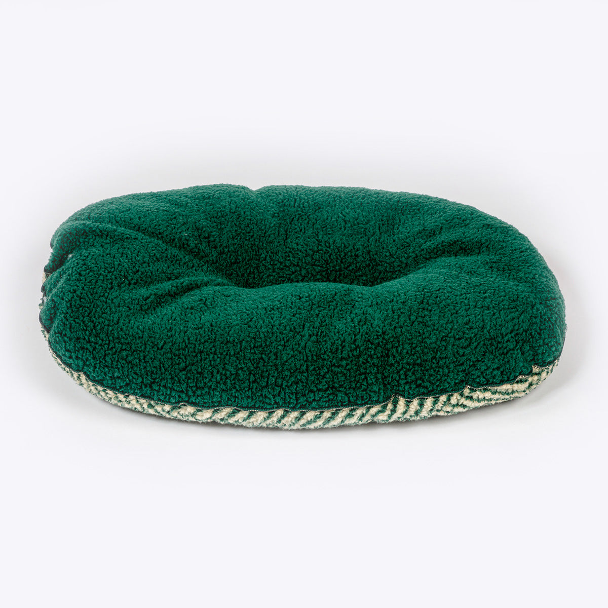 Danish Design Sherpa Fleece Quilted Mattress Dog Bed in Green Herringbone design showing the plain green sherpa fleece reverse side of the bed #Colour_Green Herringbone (Forest & Beige)