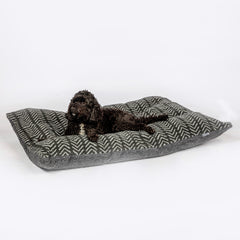 Danish Design Sherpa Fleece Charcoal Arrows Duvet Dog Bed with dog