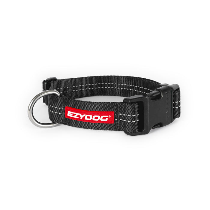 EzyDog Essential Dog Collar in Black showing the EzyDog Logo and  clasp