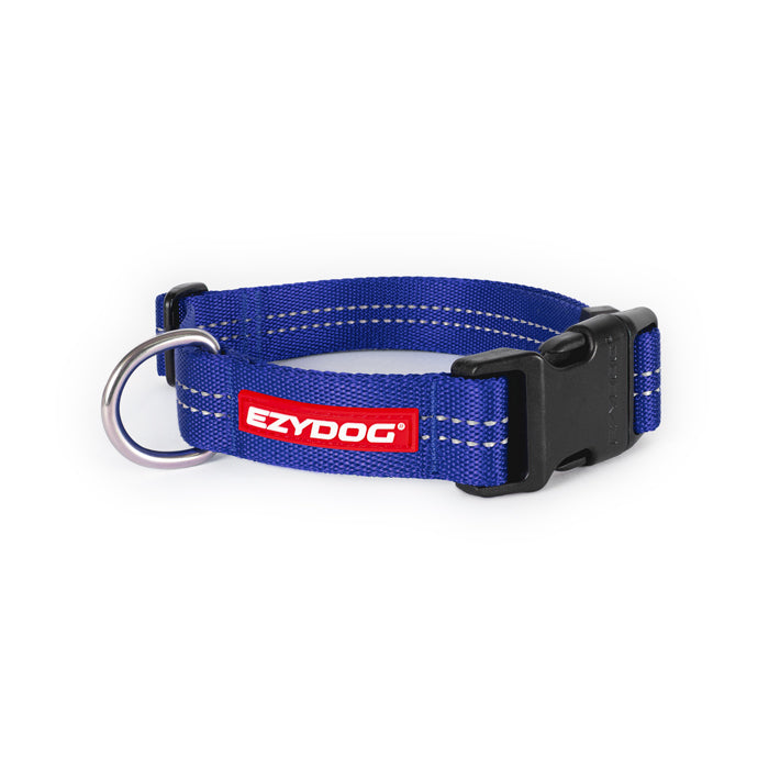 EzyDog Essential Dog Collar in Blue showing the EzyDog Logo and  clasp
