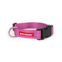 EzyDog Essential Dog Collar in Pink showing the EzyDog Logo and  clasp