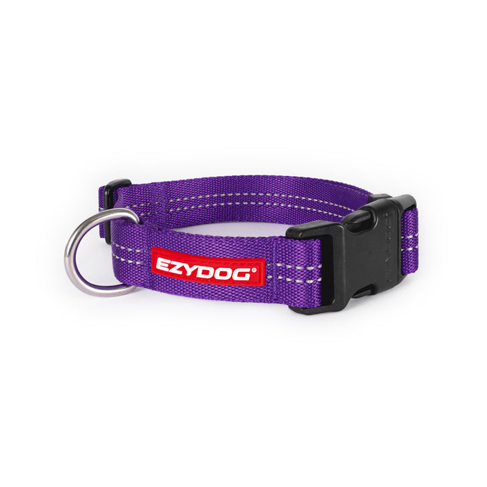 EzyDog Essential Dog Collar in Purple showing the EzyDog Logo and  clasp