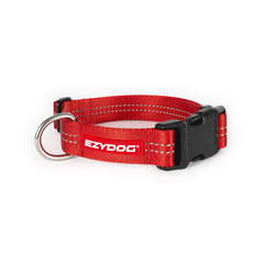 EzyDog Essential Dog Collar in Red showing the EzyDog Logo and  clasp