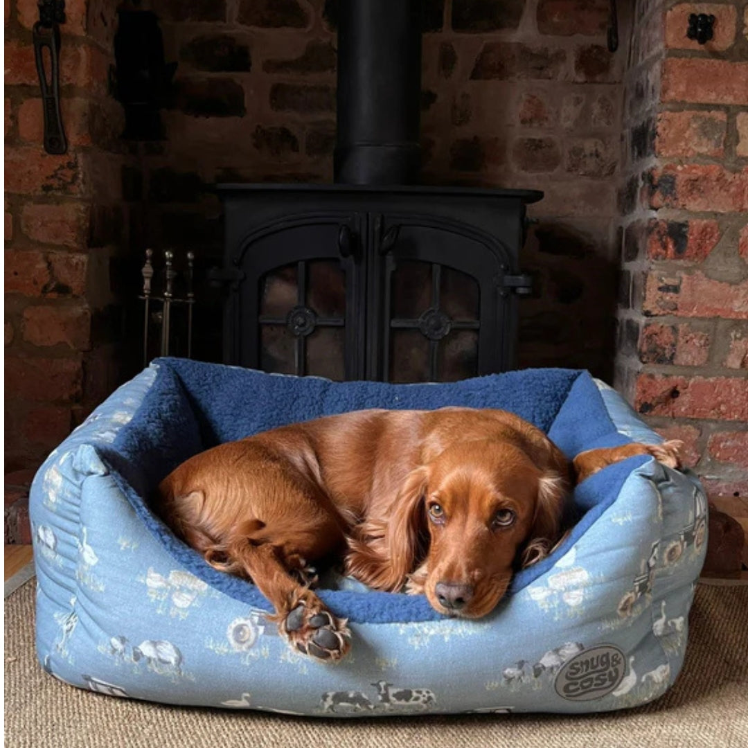 Farmyard Blue Dog Bed with Dog