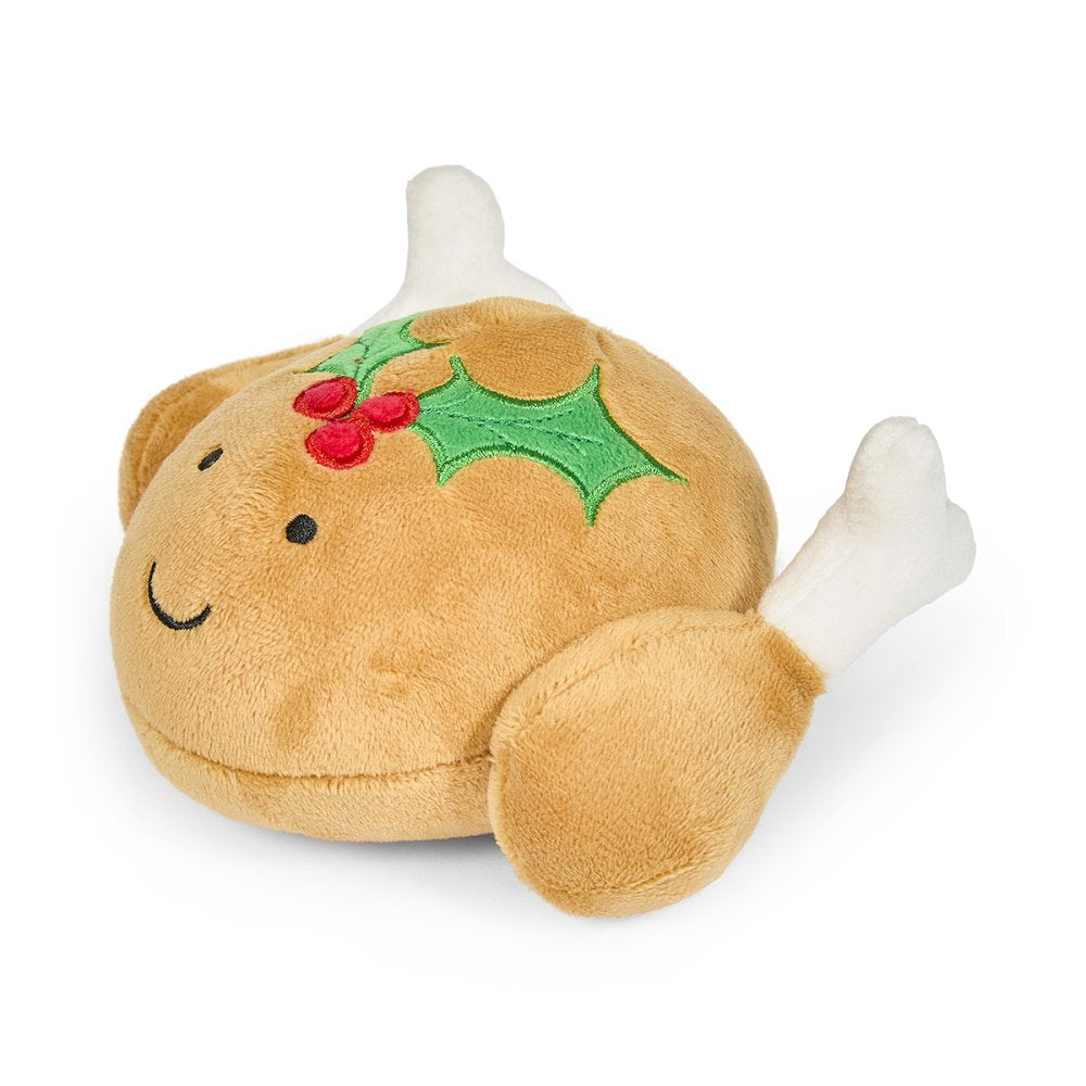 Plush toy resembling a roast turkey with holly leaves and berries right view