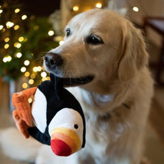 A golden retriever dog holds a Petface Pana Puffin Plush Dog Toy in its mouth in a cosy indoor setting with blurred holiday lights in the background.