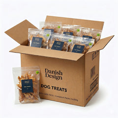 Box of Danish Designcow ear dog treats in aclear bag