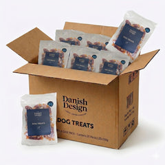 Box of Danish Design sweet potato and duck dog treats with multiple packages 