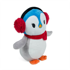 A plush penguin-shaped dog toy with red earmuffs and a scarf, featuring embroidered details and a squeaker. Side View