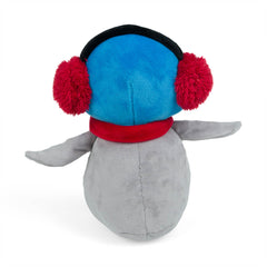 A plush penguin-shaped dog toy with red earmuffs and a scarf, featuring embroidered details and a squeaker. Back View