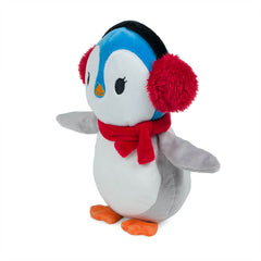 A plush penguin-shaped dog toy with red earmuffs and a scarf, featuring embroidered details and a squeaker. Side View