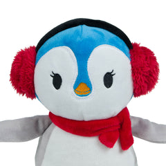 A plush penguin-shaped dog toy with red earmuffs and a scarf, featuring embroidered details and a squeaker. Close Up Of Head