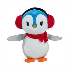 A plush penguin-shaped dog toy with red earmuffs and a scarf, featuring embroidered details and a squeaker.